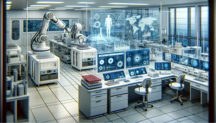 high-tech laboratory setting with various automated systems